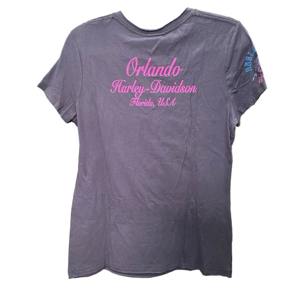Harley Davidson Orlando Women's T-Shirt Size L Short Sleeve V-Neck Rhinestone - Picture 2 of 9